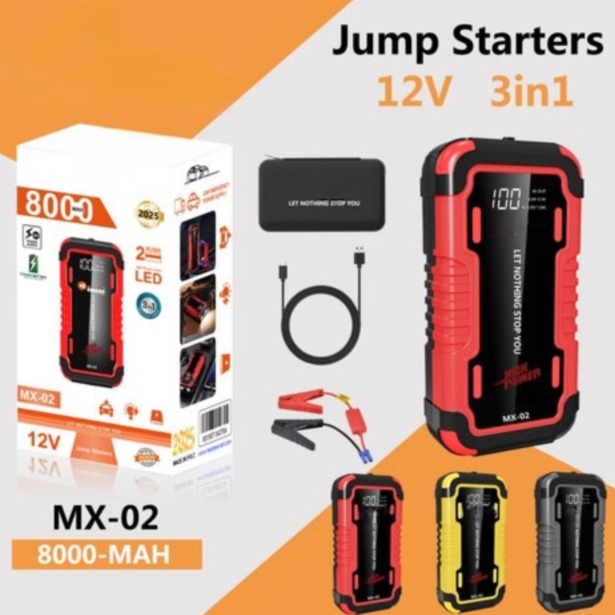 MX-02 Car Jump Starter, 12V 8000mAh, 3-in-1 Portable Power Bank with LED Light, Black and Red - Image 2