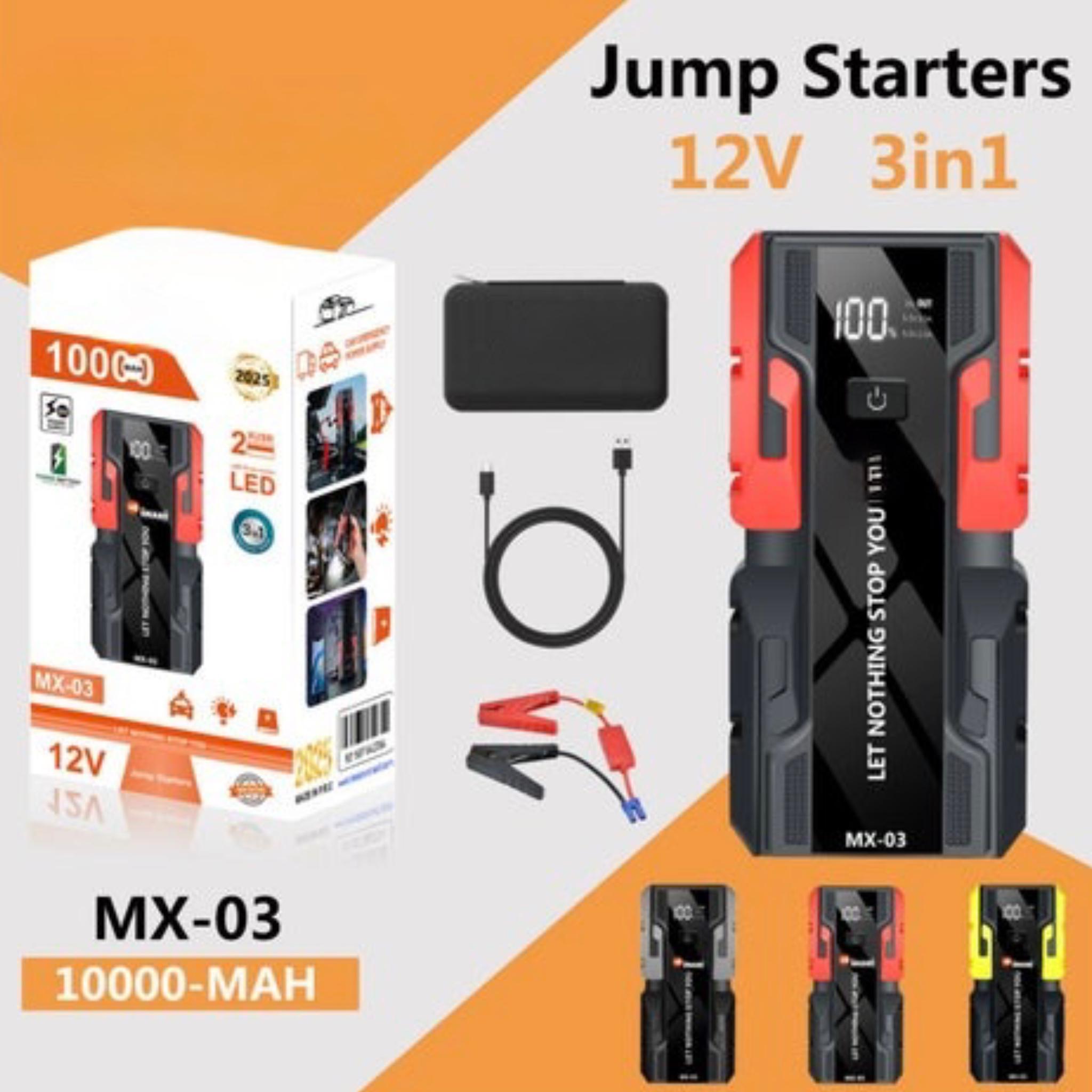 MX-03 Car Jump Starter, 12V 10000mAh, 3-in-1 Portable Power Bank with LED Light, Black and Red - Image 2