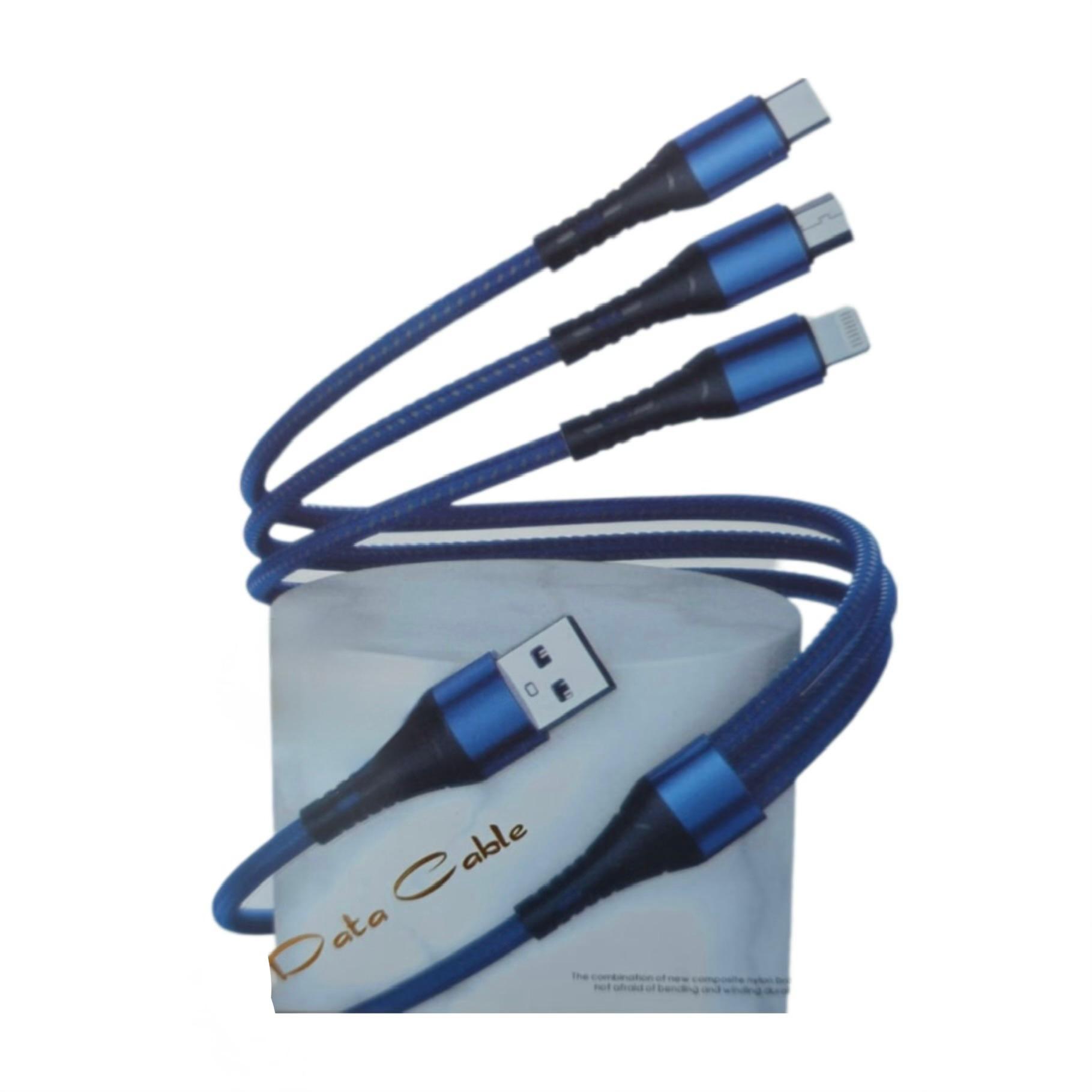 3in1 Data Cable MOC-031, 6A Fast Charging, Nylon Braided, compatible with Micro, Lightning and Type-C, 130cm, Blue