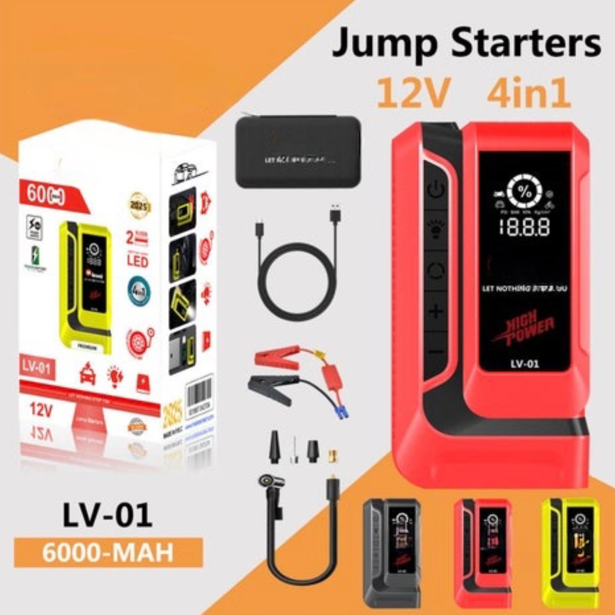 LV-01 Car Jump Starter, 12V 6000mAh, 4-in-1 Portable Power Bank with LED Light, Black and Red - Image 2