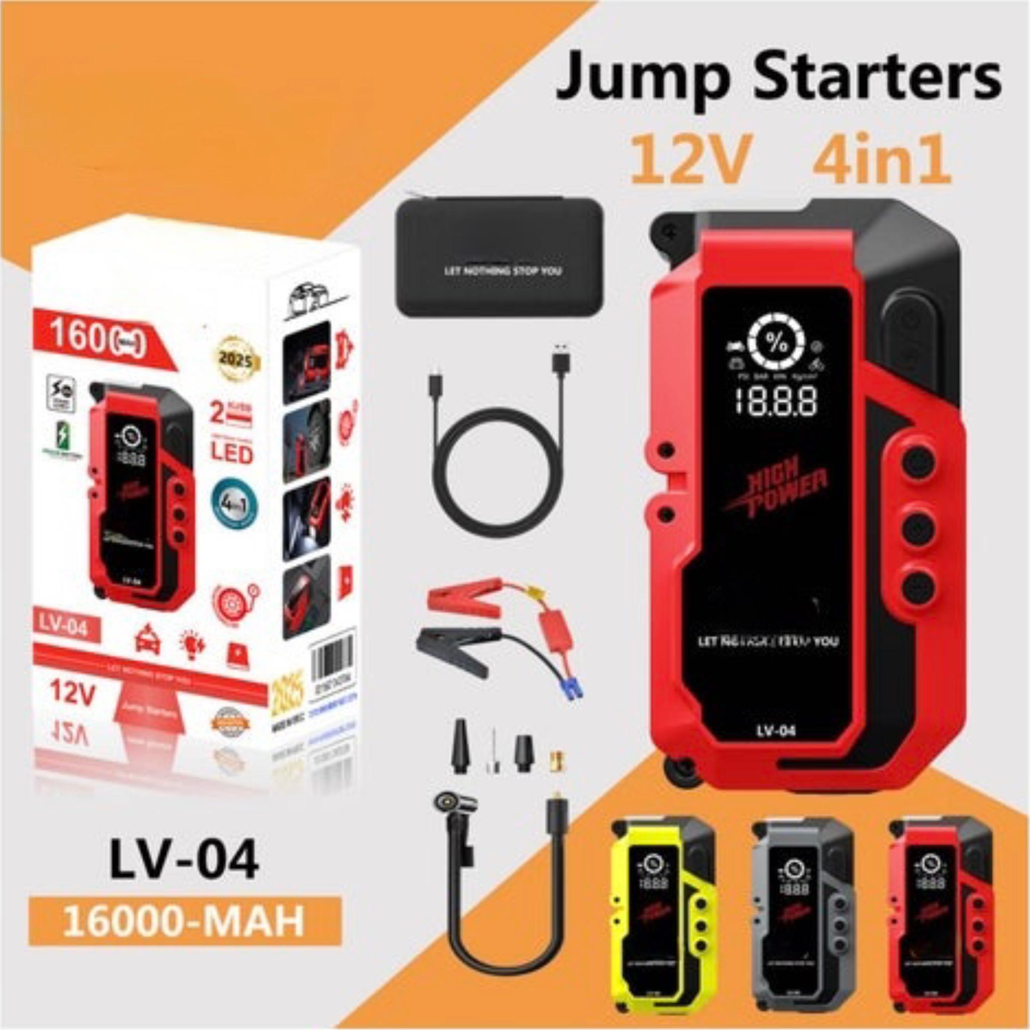LV-04 Car Jump Starter, 12V 16000mAh, 4-in-1 Portable Power Bank with LED Light, Black and Red - Image 2