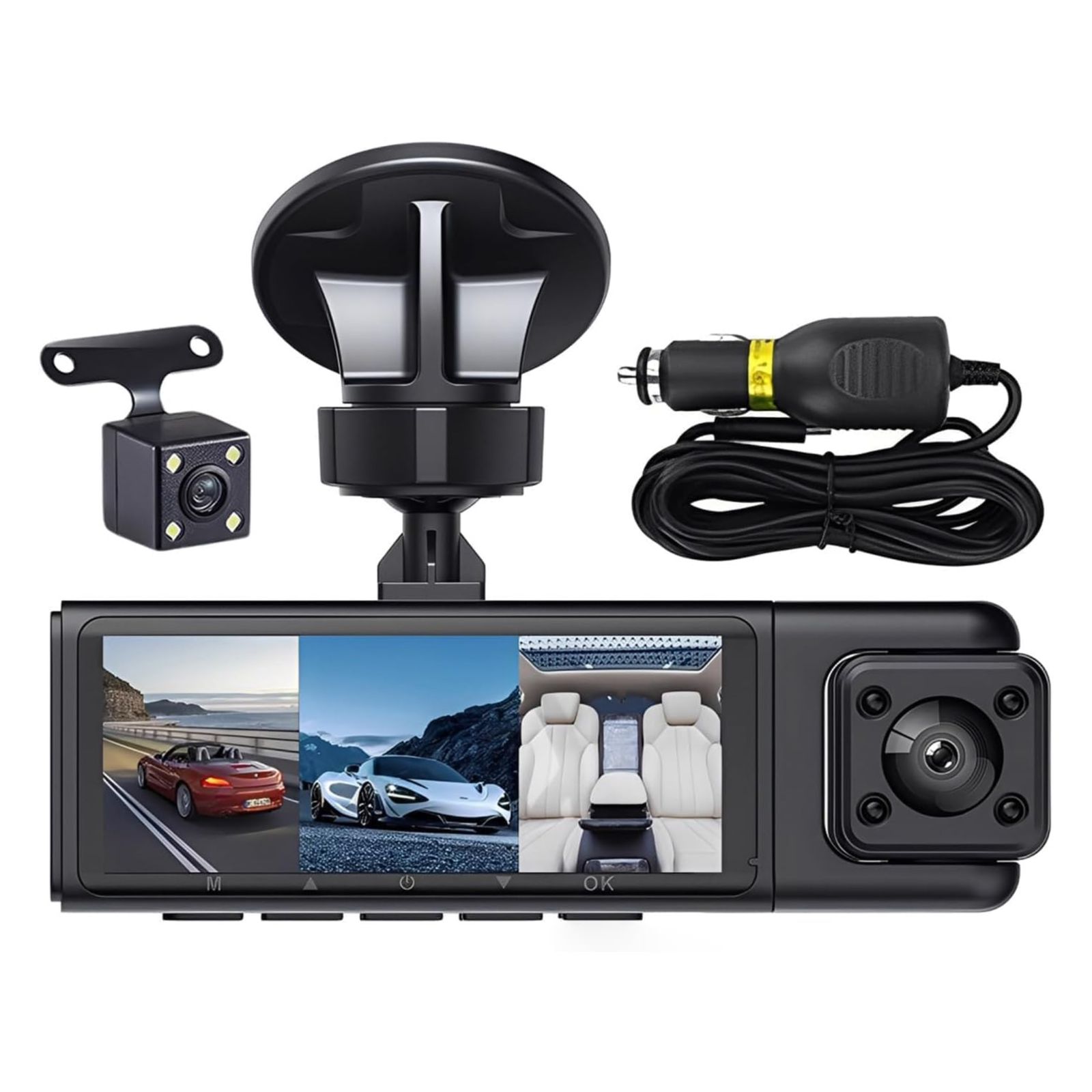 Dash Cam 3 Channel with Rear Camera, Front Inside Rear View, Night Vision, Wide Angle Lens, Car DVR Recorder