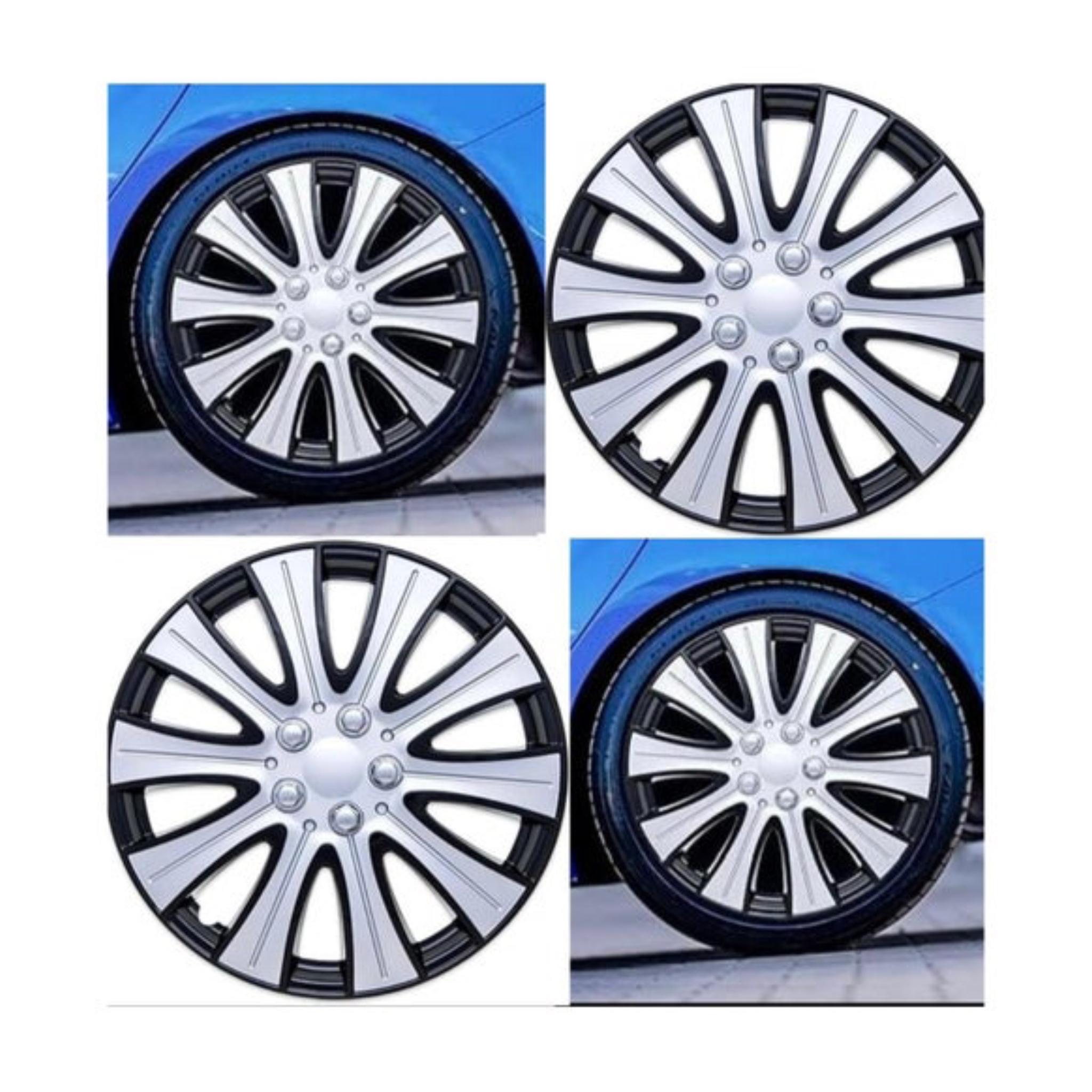 Car Wheel Covers, Silver and Black, Two-Tone Design, Set of 4