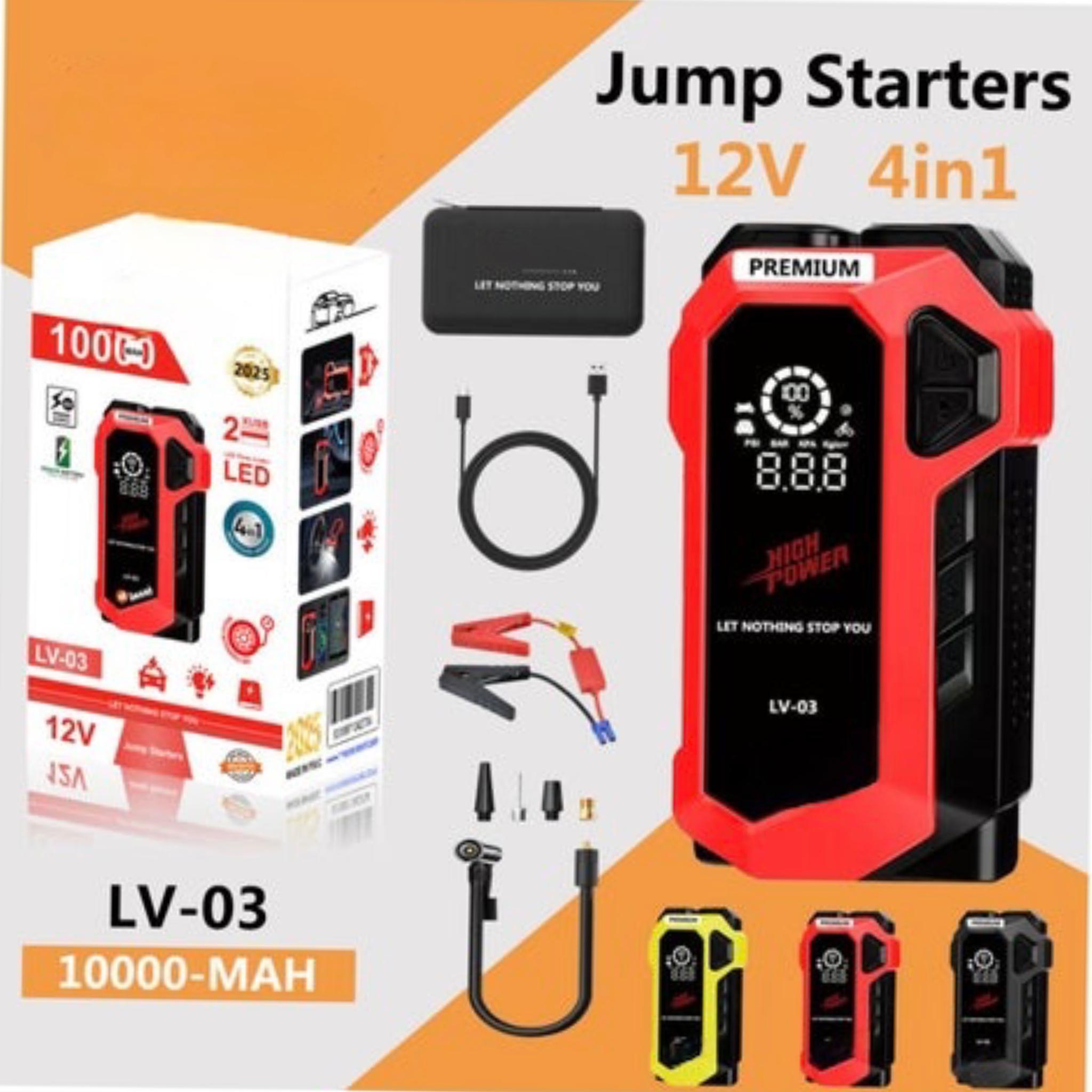 LV-03 Car Jump Starter, 12V 10000mAh, 4-in-1 Portable Power Bank with LED Light, Black and Red - Image 2
