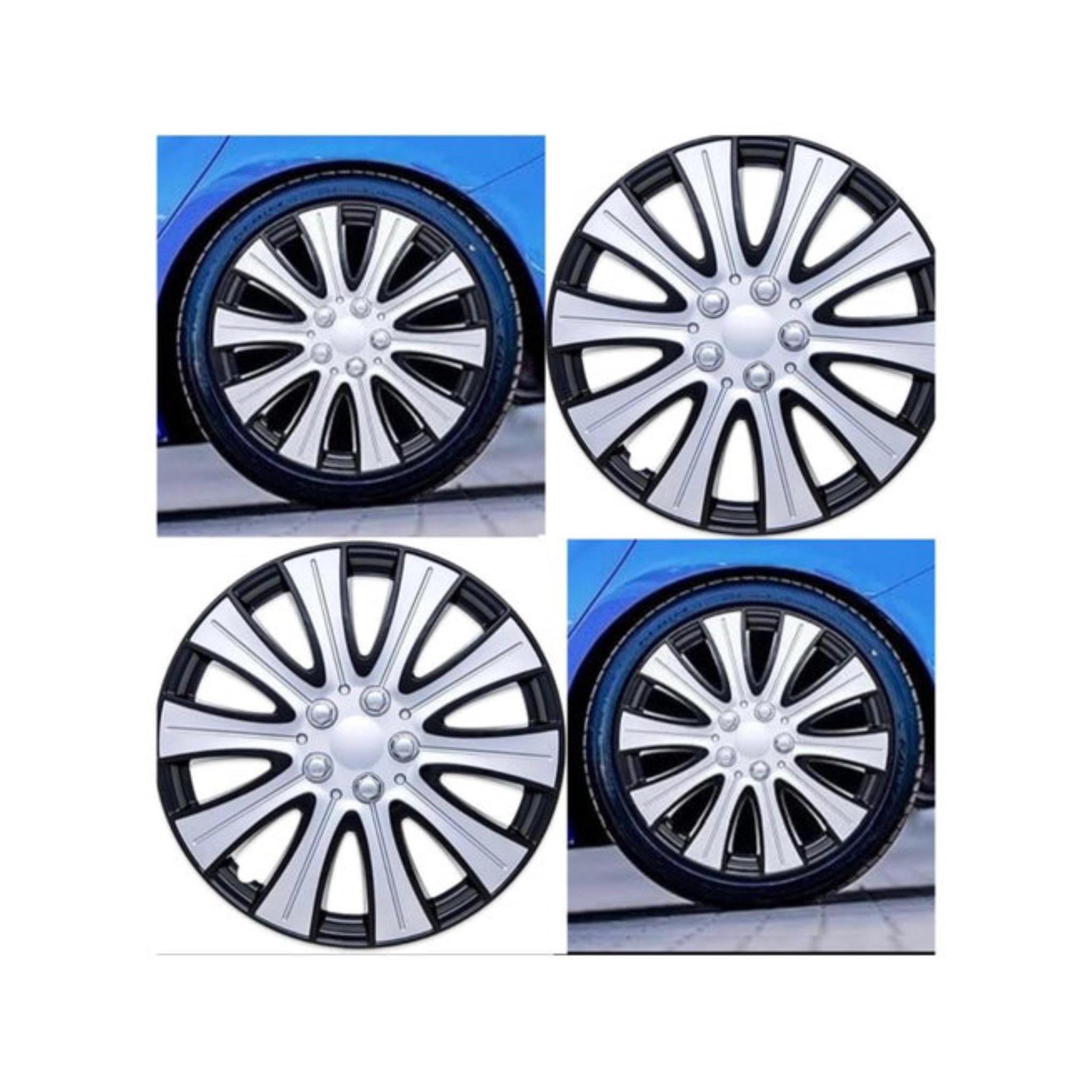Car Wheel Covers, Silver and Black, Two-Tone Design, Set of 4